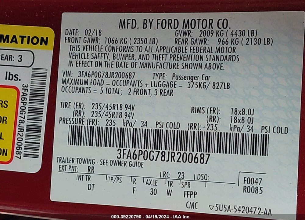 2018 FORD FUSION S VIN: 3FA6P0G78JR200687