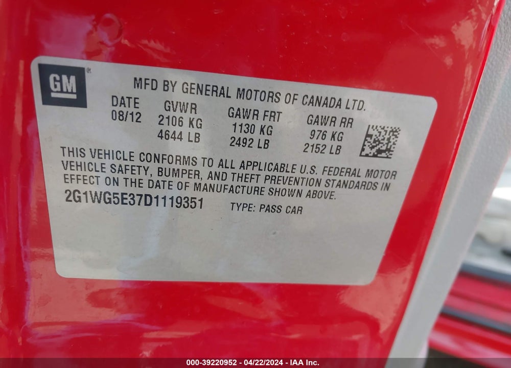2013 CHEVROLET IMPALA VIN: 2G1WG5E37D1119351
