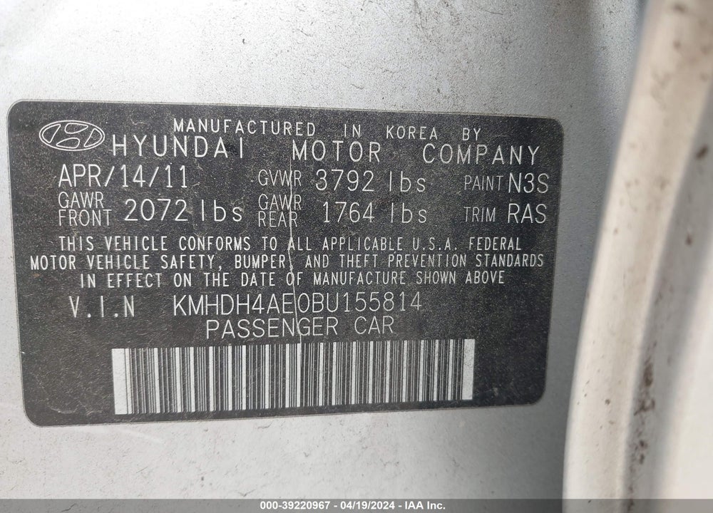 2011 HYUNDAI ELANTRA VIN: KMHDH4AE0BU155814