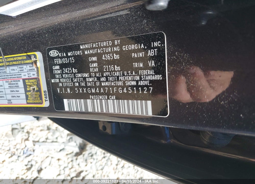 2015 KIA OPTIMA LX VIN: 5XXGM4A71FG451127