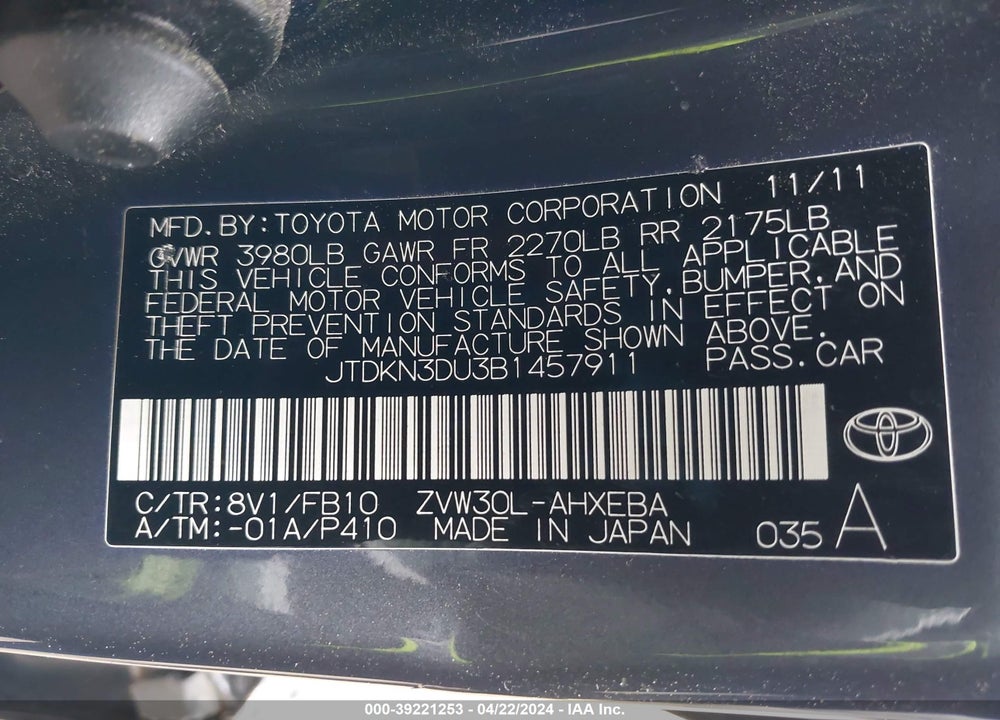 2011 TOYOTA PRIUS TWO VIN: JTDKN3DU3B1457911