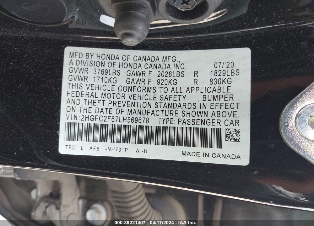 2020 HONDA CIVIC LX VIN: 2HGFC2F67LH569678