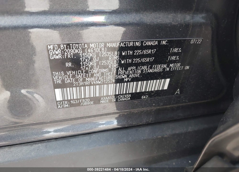 2022 TOYOTA RAV4 LE VIN: 2T3H1RFV4NW212524