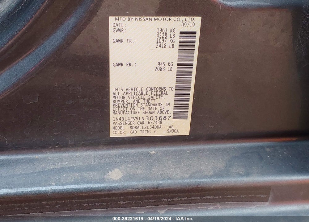 2020 NISSAN ALTIMA VIN: 1N4BL4FV9LN303687