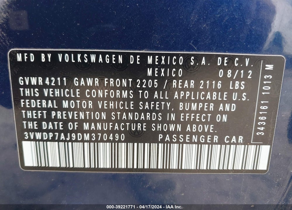 2013 VOLKSWAGEN JETTA 2.5L SE VIN: 3VWDP7AJ9DM370490