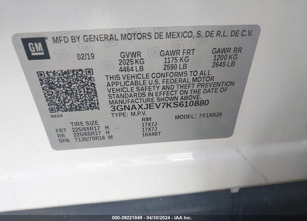 2019 CHEVROLET EQUINOX LT VIN: 3GNAXJEV7KS610880