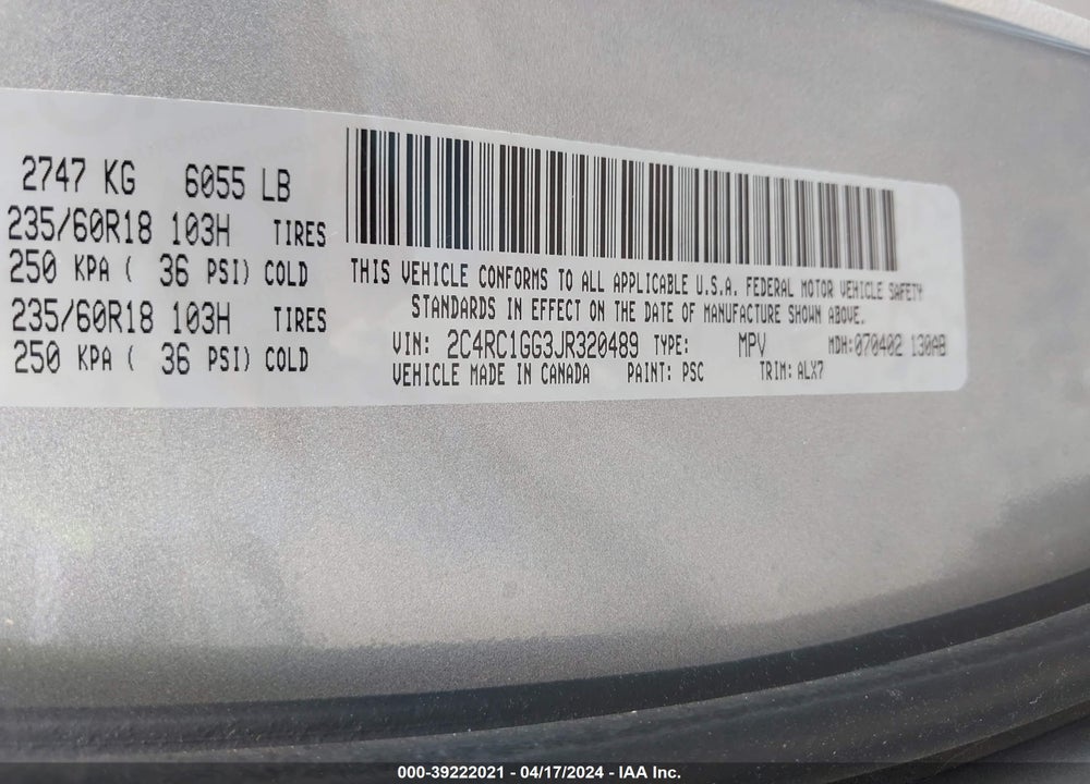 2018 CHRYSLER PACIFICA LIMITED VIN: 2C4RC1GG3JR320489