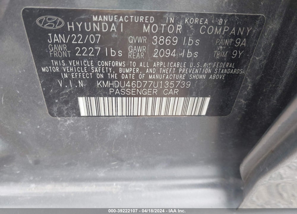 2007 HYUNDAI ELANTRA GLS/LIMITED/SE VIN: KMHDU46D77U135739