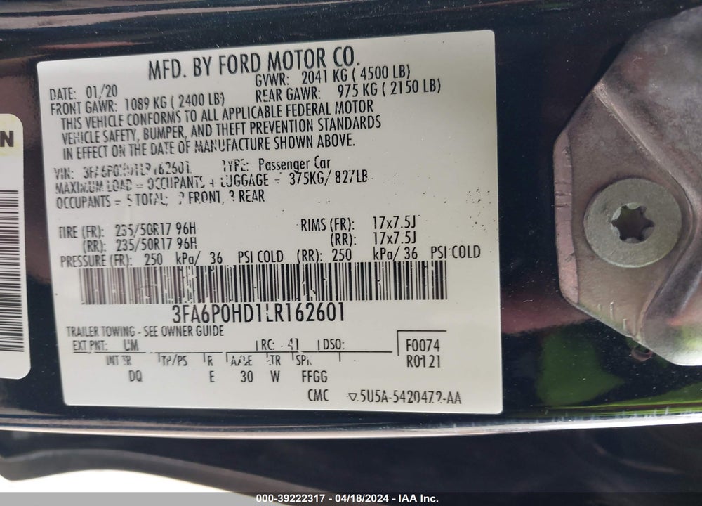2020 FORD FUSION SE VIN: 3FA6P0HD1LR162601