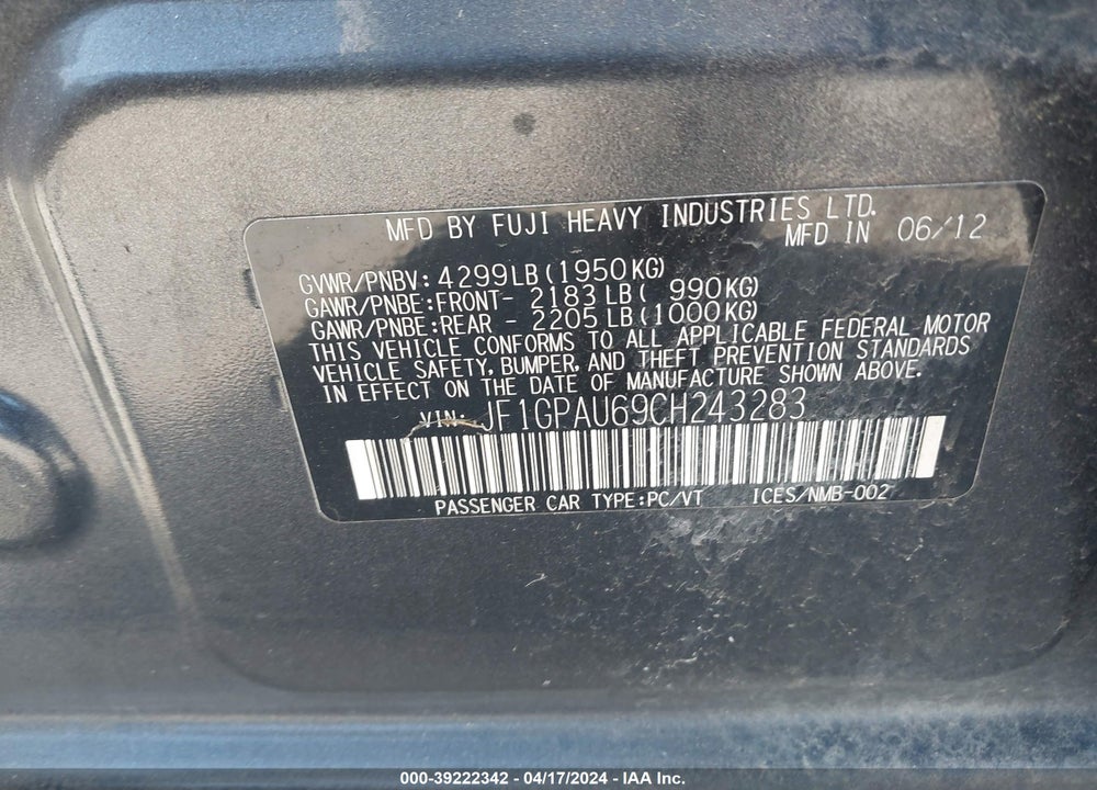 2012 SUBARU IMPREZA 2.0I SPORT LIMITED VIN: JF1GPAU69CH243283