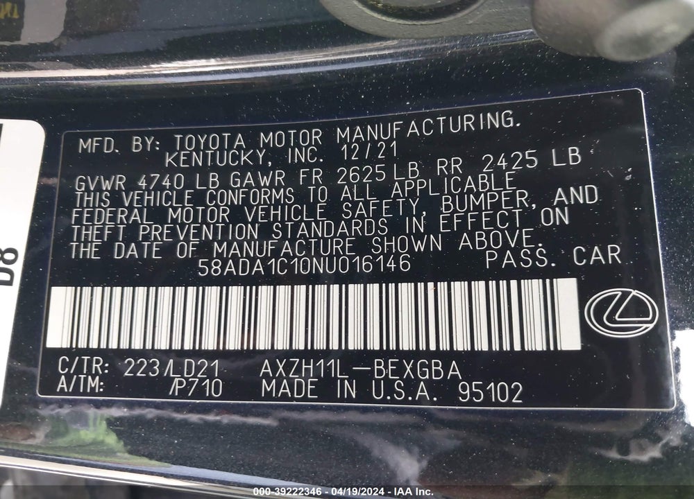 2022 LEXUS ES 300H VIN: 58ADA1C10NU016146