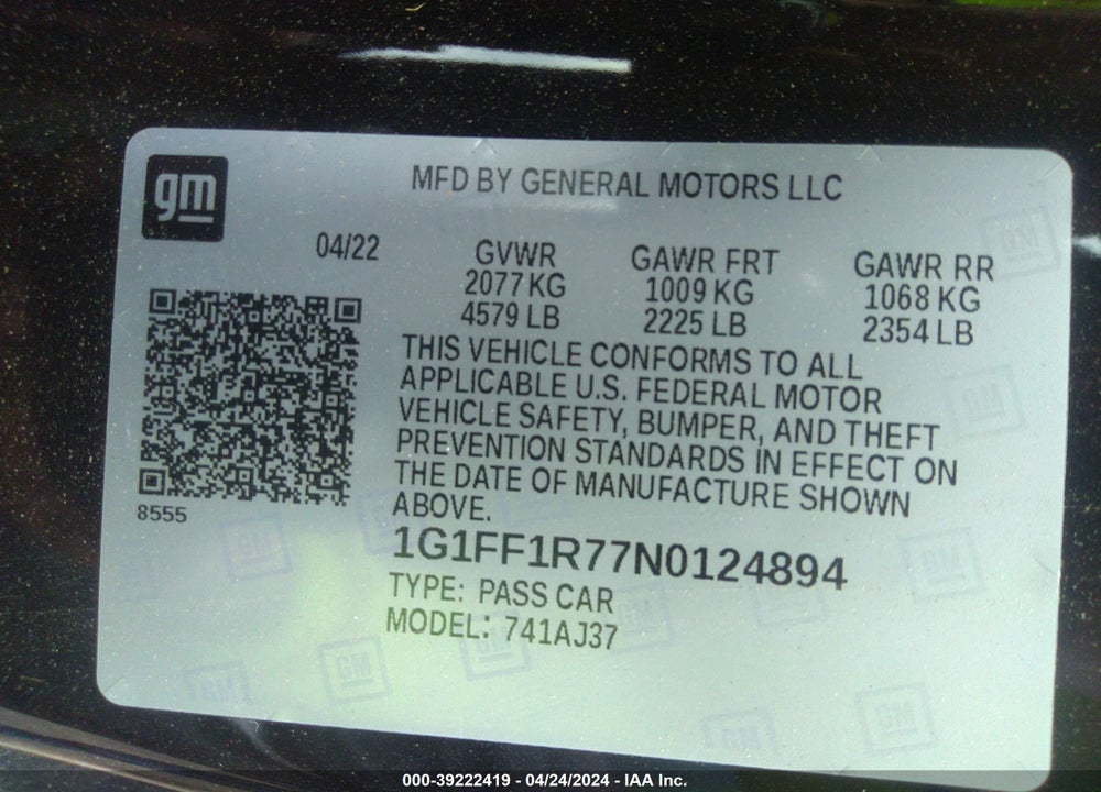 2022 CHEVROLET CAMARO RWD 1SS VIN: 1G1FF1R77N0124894