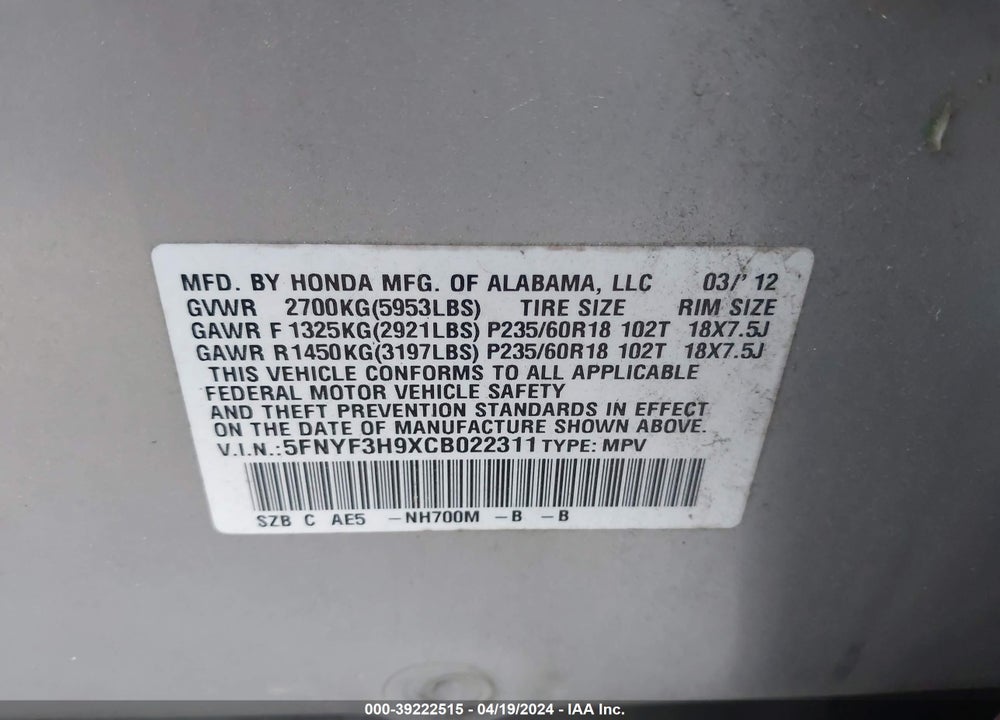 2012 HONDA PILOT TOURING VIN: 5FNYF3H9XCB022311