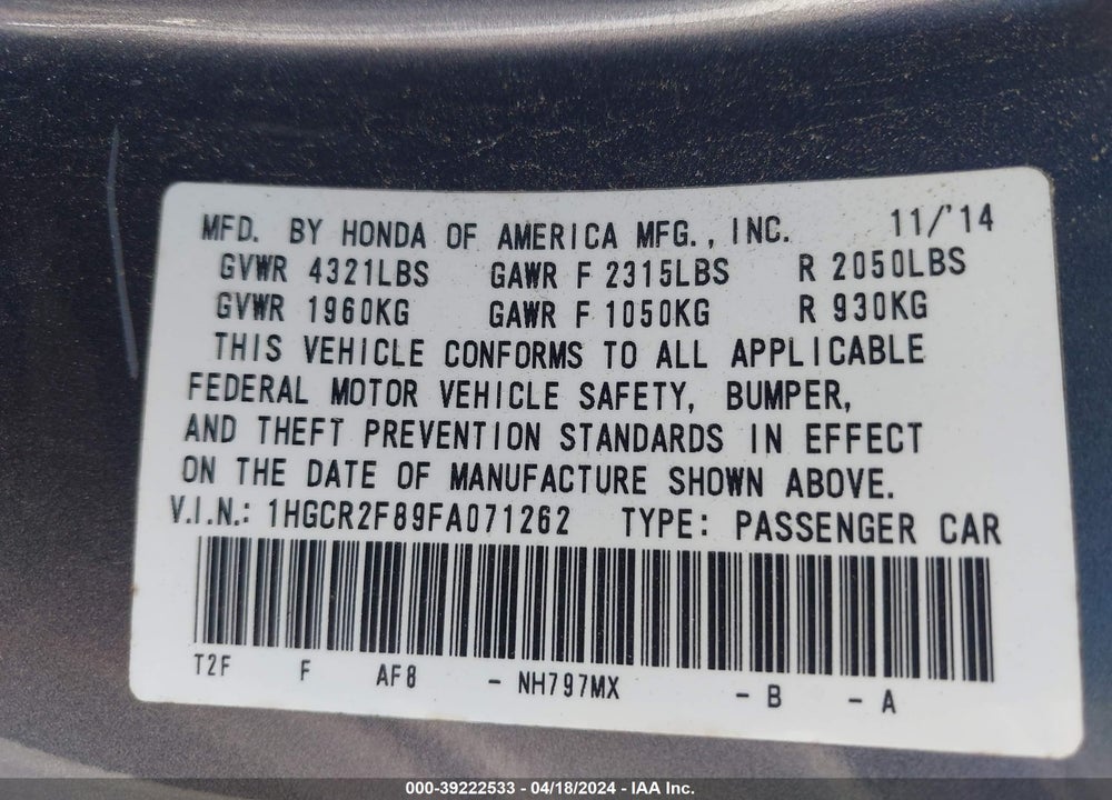 2015 HONDA ACCORD EX-L VIN: 1HGCR2F89FA071262