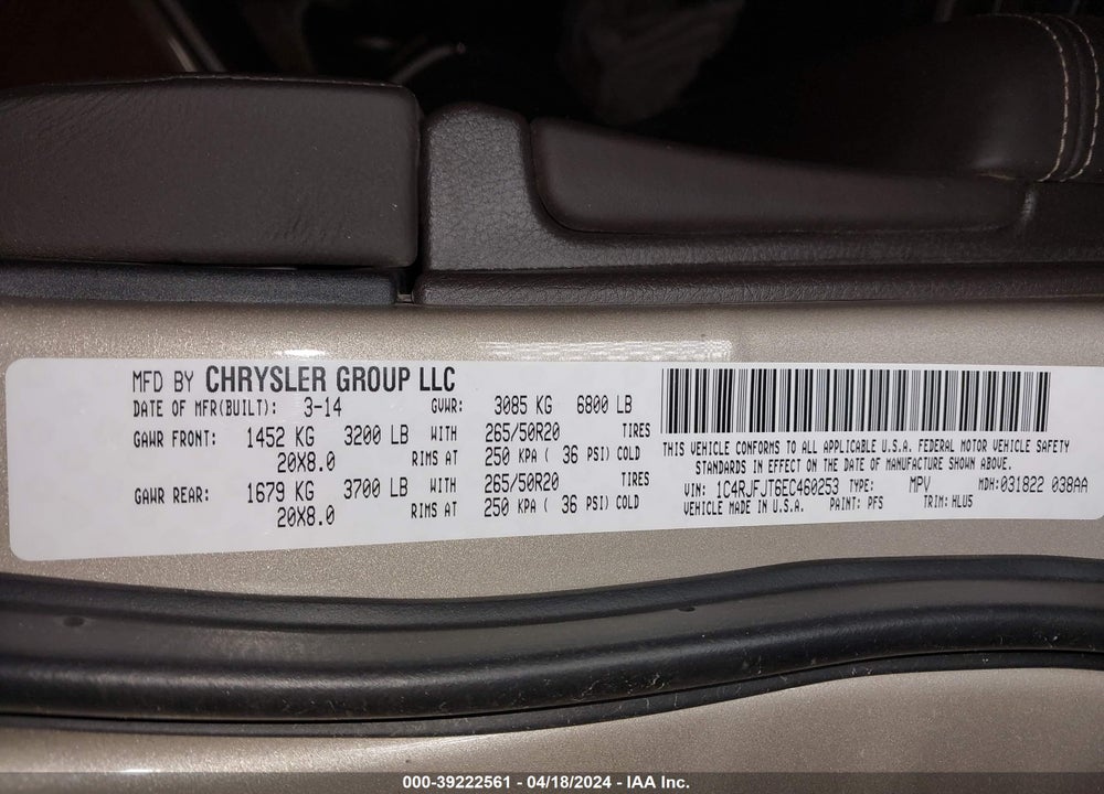 2014 JEEP GRAND CHEROKEE SUMMIT VIN: 1C4RJFJT6EC460253