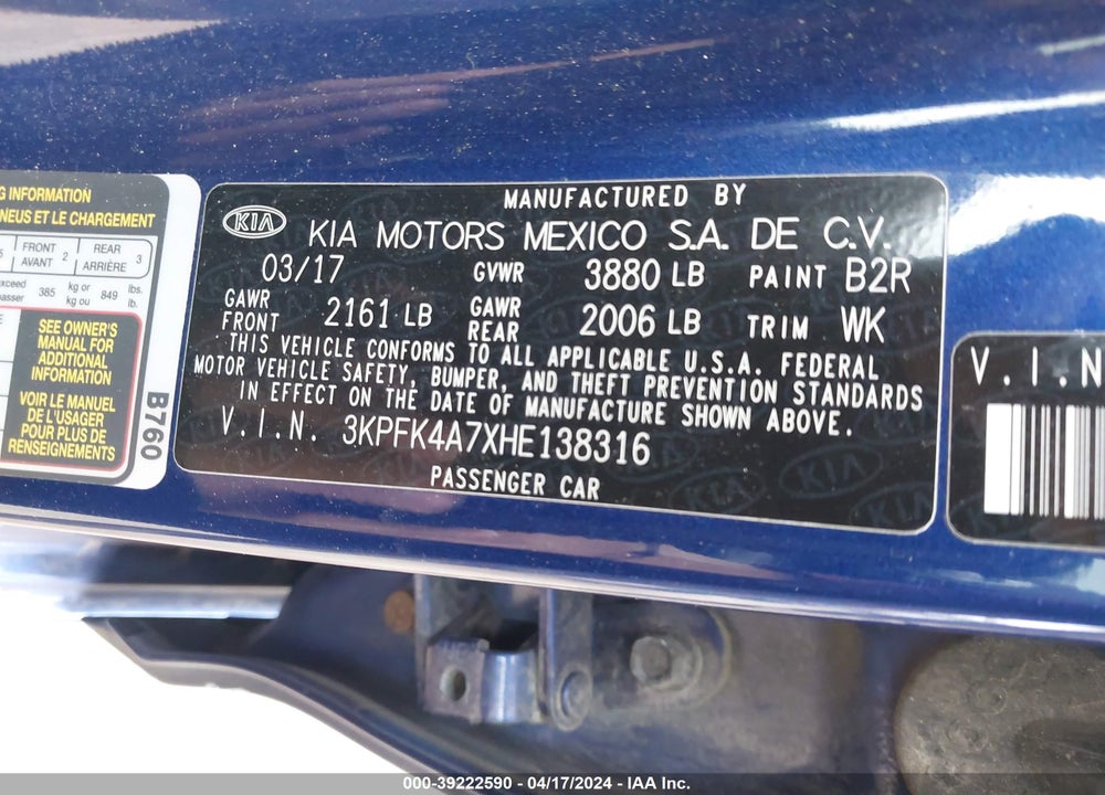 2017 KIA FORTE VIN: 3KPFK4A7XHE138316