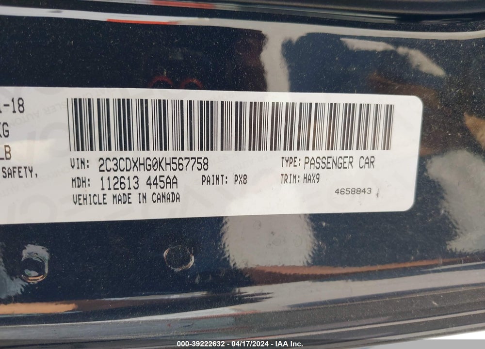 2019 DODGE CHARGER VIN: 2C3CDXHG0KH567758