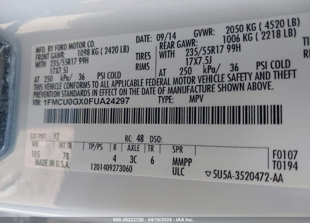 2015 FORD ESCAPE SE VIN: 1FMCU0GX0FUA24297