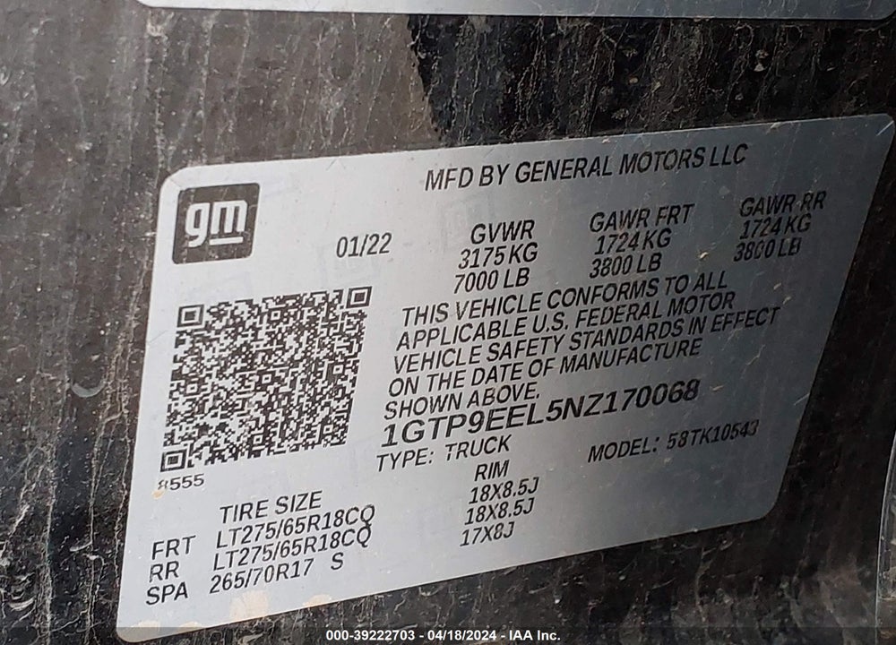 2022 GMC SIERRA 1500 LIMITED VIN: 1GTP9EEL5NZ170068