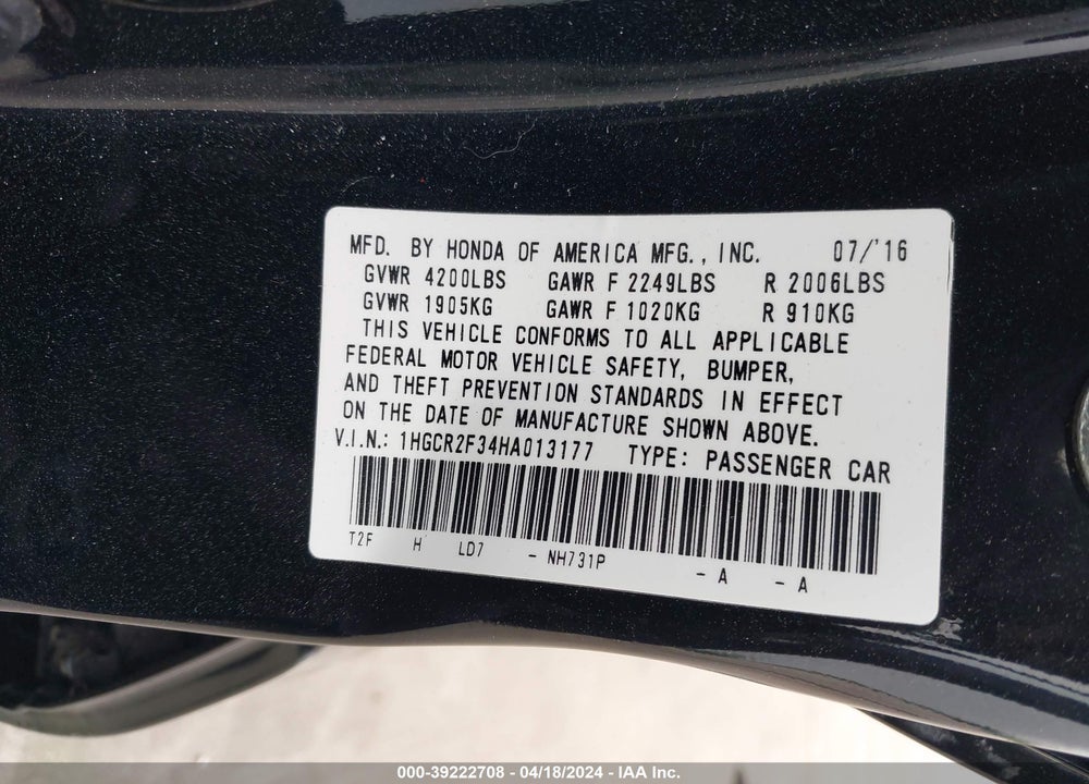 2017 HONDA ACCORD LX VIN: 1HGCR2F34HA013177