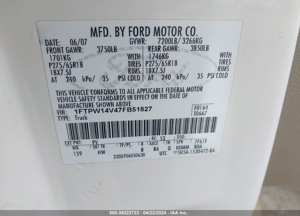 2007 FORD F-150 FX4/LARIAT/XLT VIN: 1FTPW14V47FB51827