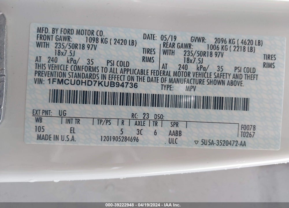 2019 FORD ESCAPE SEL VIN: 1FMCU0HD7KUB94736