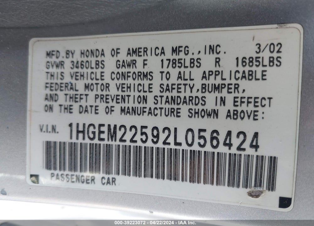 2002 HONDA CIVIC LX VIN: 1HGEM22592L056424