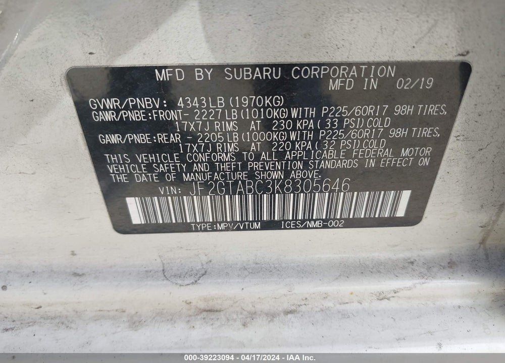 2019 SUBARU CROSSTREK 2.0I VIN: JF2GTABC3K8305646
