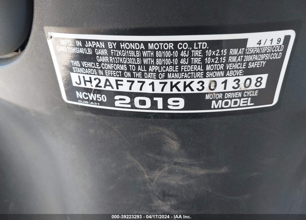 2019 HONDA NCW50 VIN: JH2AF7717KK301308