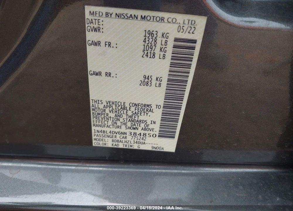 2022 NISSAN ALTIMA SV FWD VIN: 1N4BL4DV6NN384850