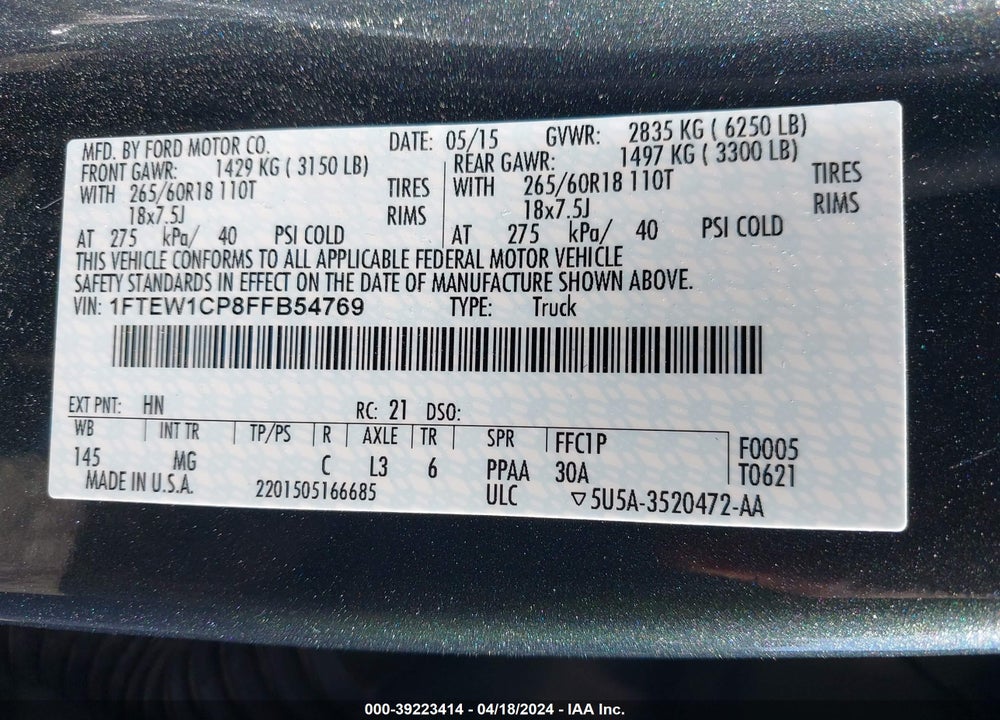 2015 FORD F-150 XLT VIN: 1FTEW1CP8FFB54769