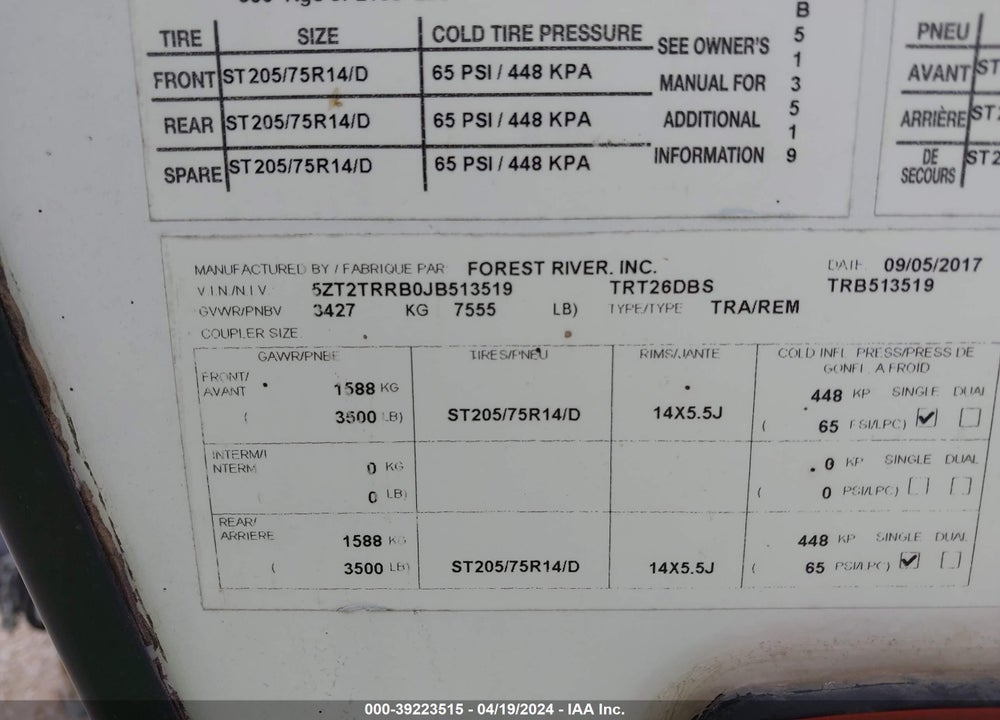 2018 TRACER 26DBS VIN: 5ZT2TRRBOJB513519