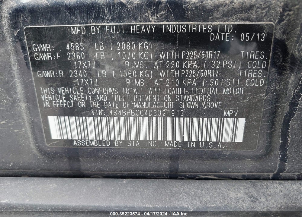 2013 SUBARU OUTBACK 2.5I PREMIUM VIN: 4S4BRBCC4D3321913