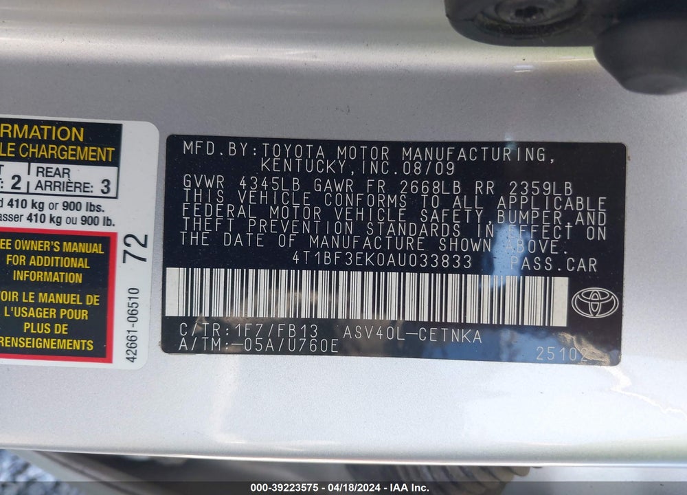 2010 TOYOTA CAMRY LE VIN: 4T1BF3EK0AU033833