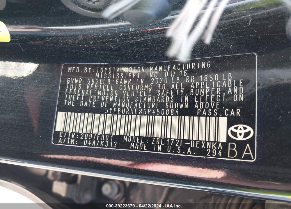 2016 TOYOTA COROLLA LE VIN: 5YFBURHE8GP450884