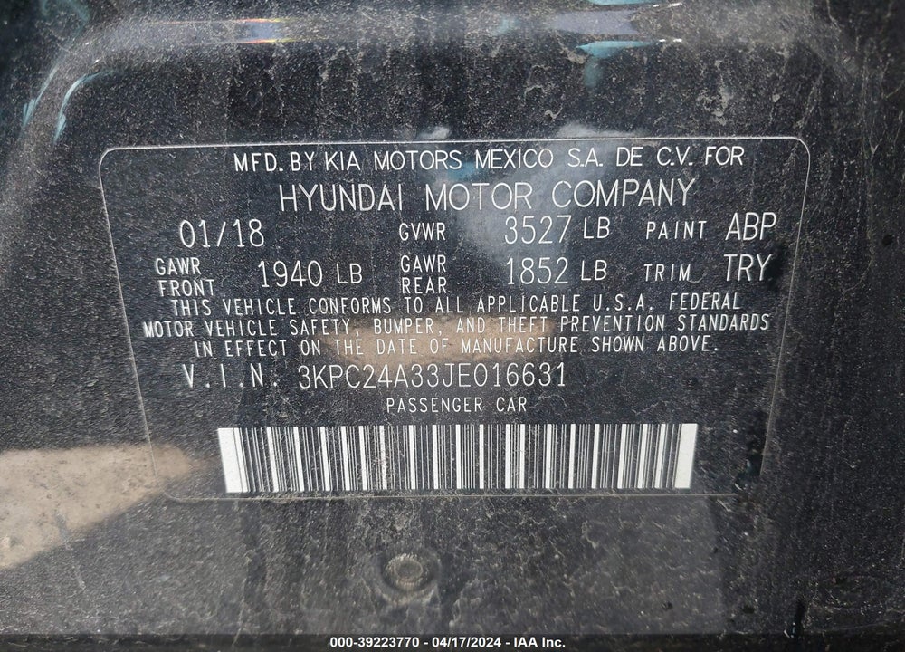 2018 HYUNDAI ACCENT SE VIN: 3KPC24A33JE016631