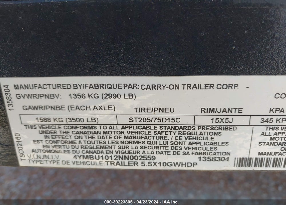 2022 CARRY ON TRAILER VIN: 4YMBU1012NN002559