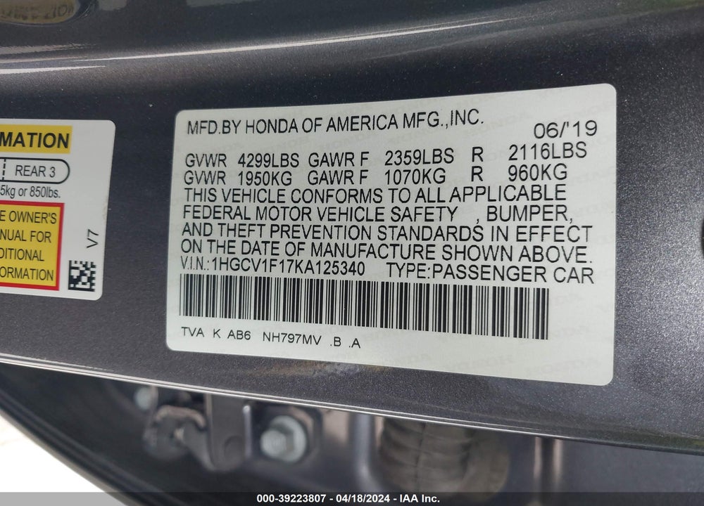 2019 HONDA ACCORD LX VIN: 1HGCV1F17KA125340