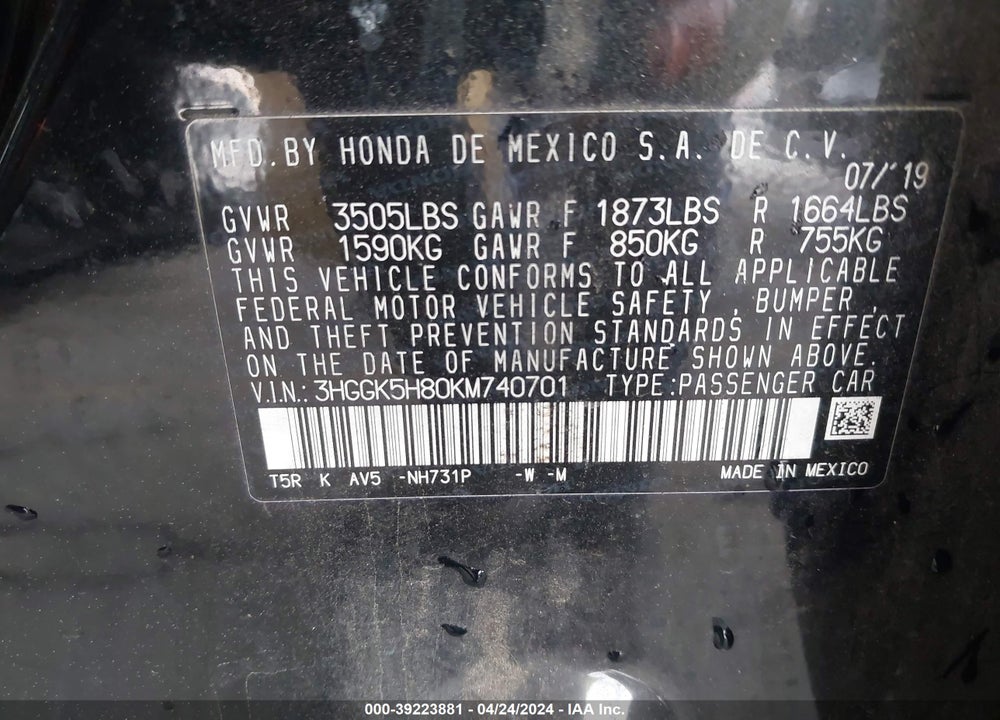 2019 HONDA FIT EX VIN: 3HGGK5H80KM740701