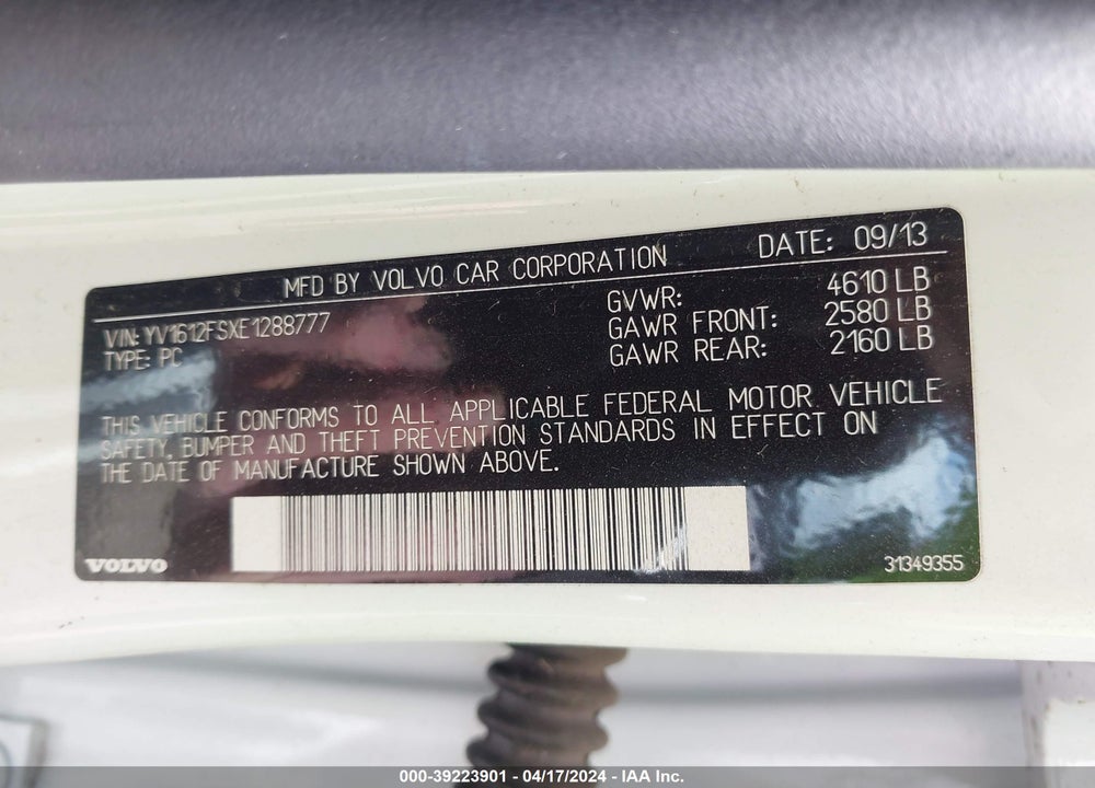 2014 VOLVO S60 VIN: YV1612FSXE1288777