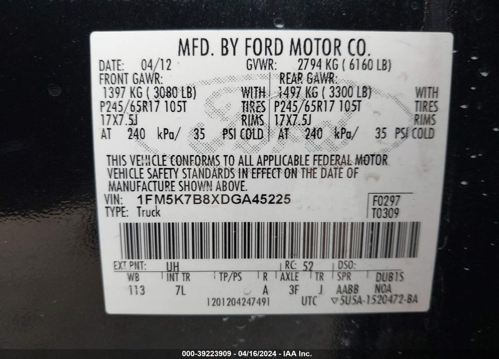 2013 FORD EXPLORER VIN: 1FM5K7B8XDGA45225