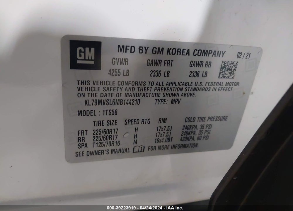 2021 CHEVROLET TRAILBLAZER FWD ACTIV VIN: KL79MVSL6MB144210