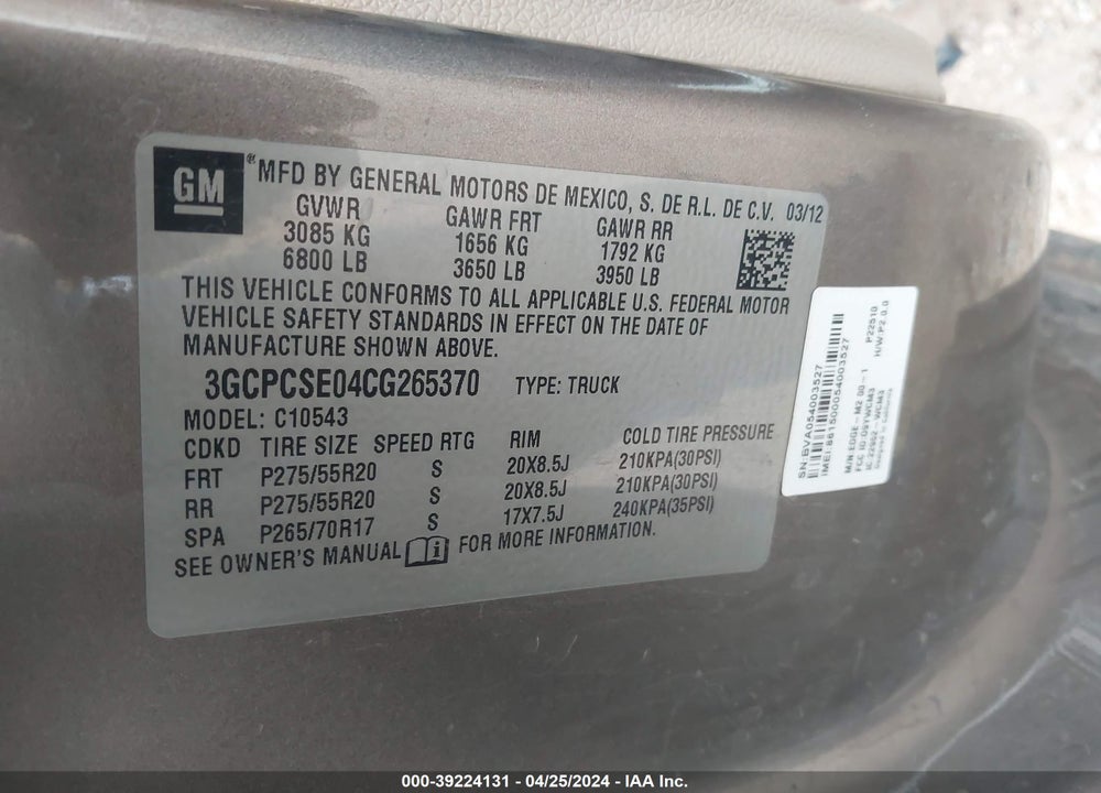 2012 CHEVROLET SILVERADO 1500 LT VIN: 3GCPCSE04CG265370
