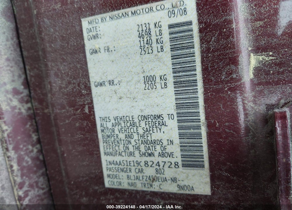 2009 NISSAN MAXIMA 3.5 SV VIN: 1N4AA51E19C824728