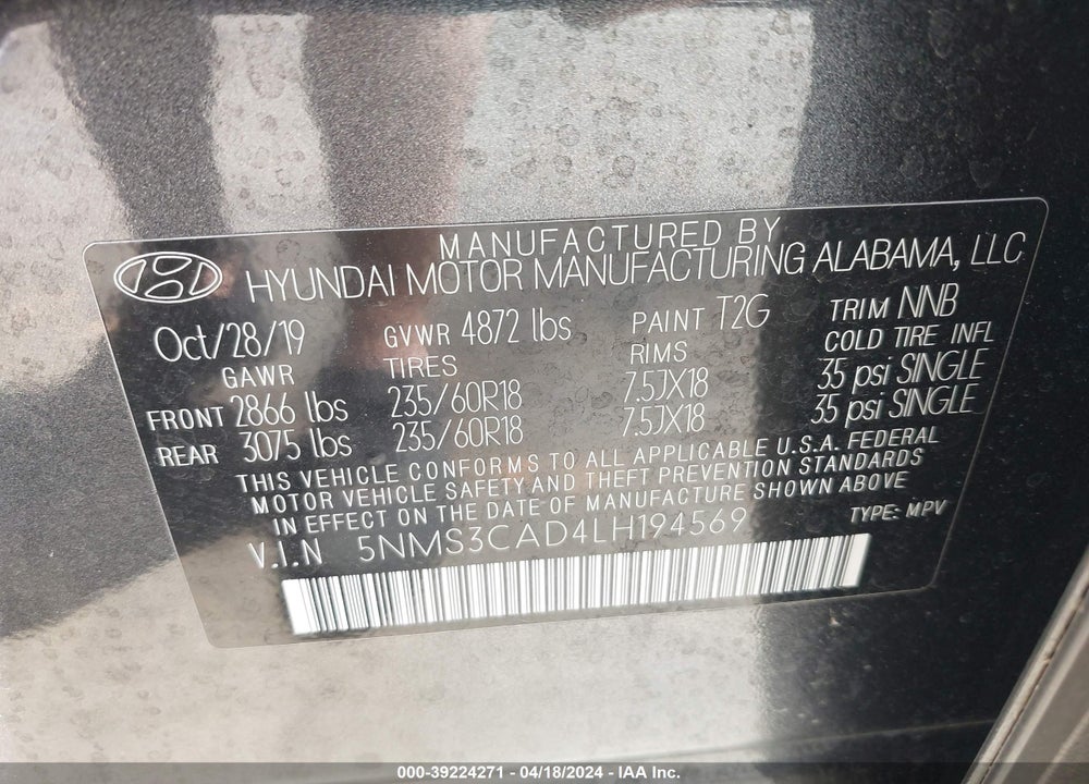 2020 HYUNDAI SANTA FE SEL VIN: 5NMS3CAD4LH194569