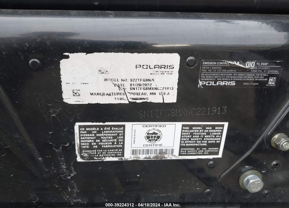 2022 POLARIS MATRYX 850 VIN: SN1TFG8MXNC221913