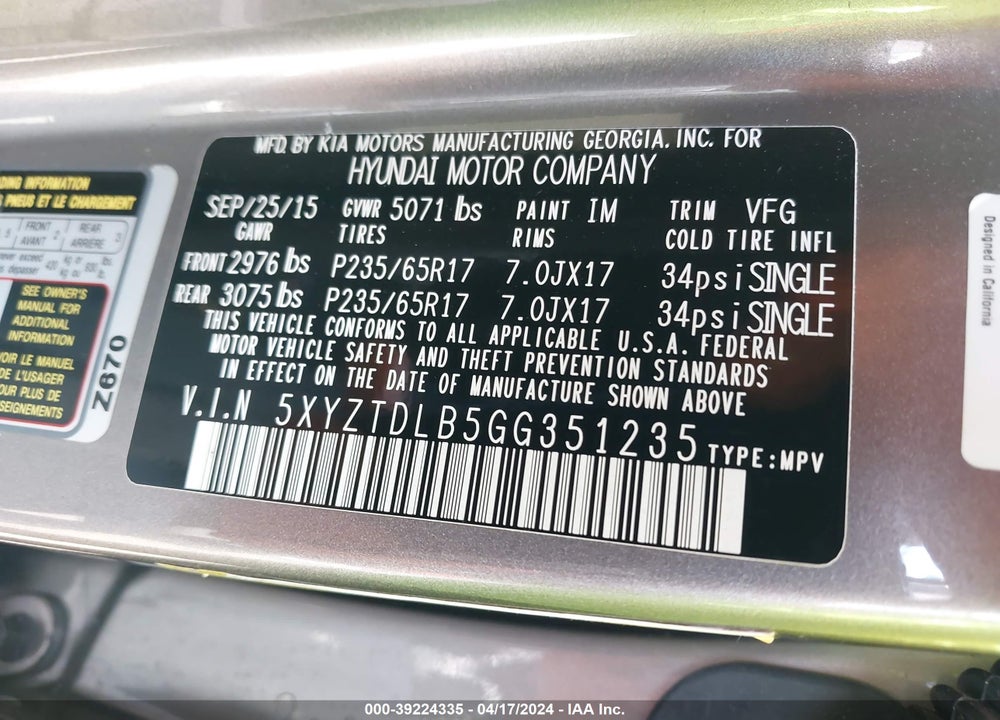 2016 HYUNDAI SANTA FE SPORT VIN: 5XYZTDLB5GG351235