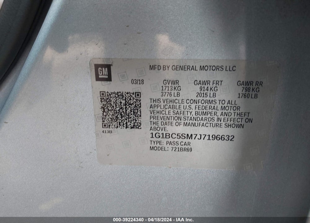 2018 CHEVROLET CRUZE LS AUTO VIN: 1G1BC5SM7J7196632