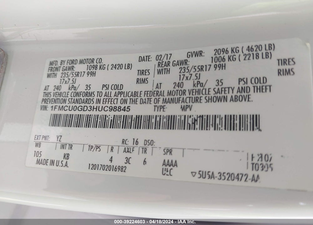2017 FORD ESCAPE SE VIN: 1FMCU0GD3HUC98845