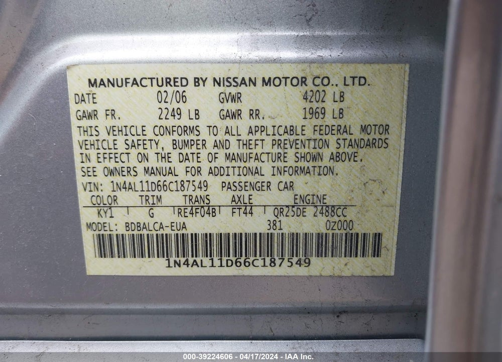 2006 NISSAN ALTIMA 2.5 S VIN: 1N4AL11D66C187549